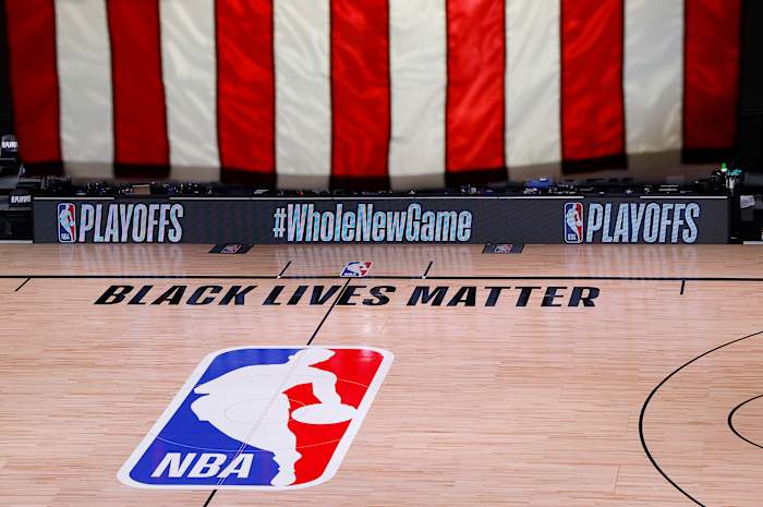 An empty court and bench is shown following the scheduled start time in Game Five of the Eastern Conference First Round between the Milwaukee Bucks and the Orlando Magic during the 2020 NBA Playoffs